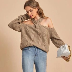 Shein Cross Neck Cold Shoulder Cable Knit Sweater Tan Small
